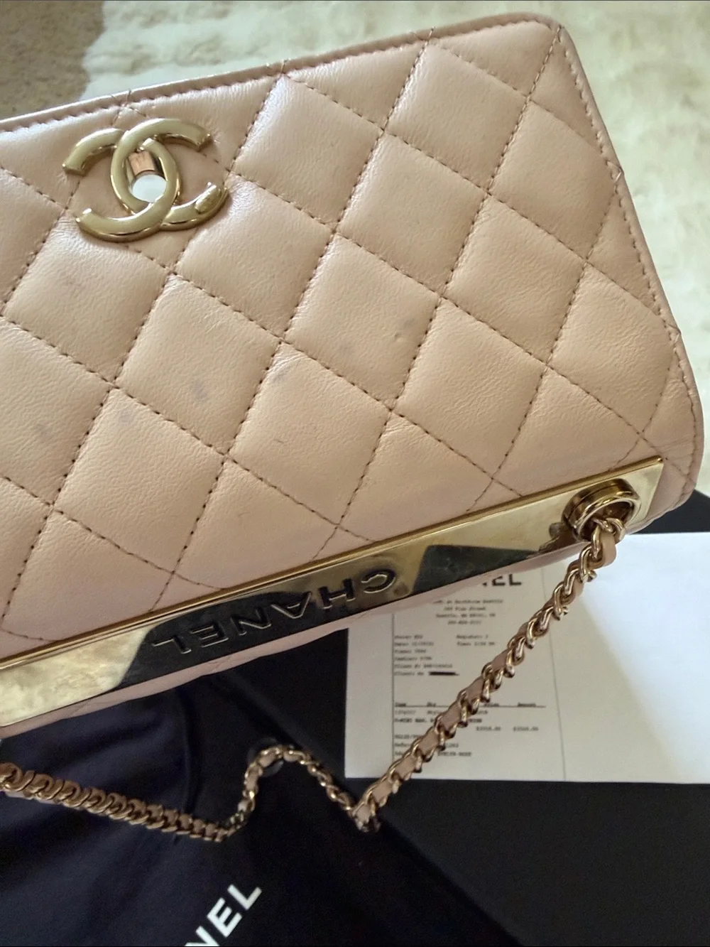 CHANEL Quilted lamb skin beige O- mini Bag with Gold Hardware